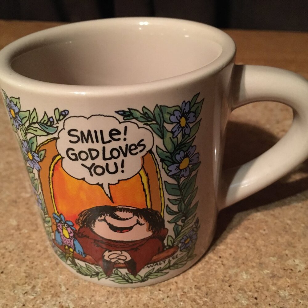 VINTAGE SHERMAN ON THE MOUNT SMILE! GOD LOVES YOU! STONEWARE COFFEE MUG/CUP 1982